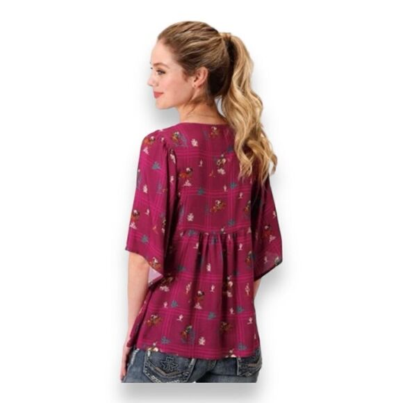 Roper Women's Peasant Blouse, Western Print with Leather Lace Neckline - Picture 2 of 10